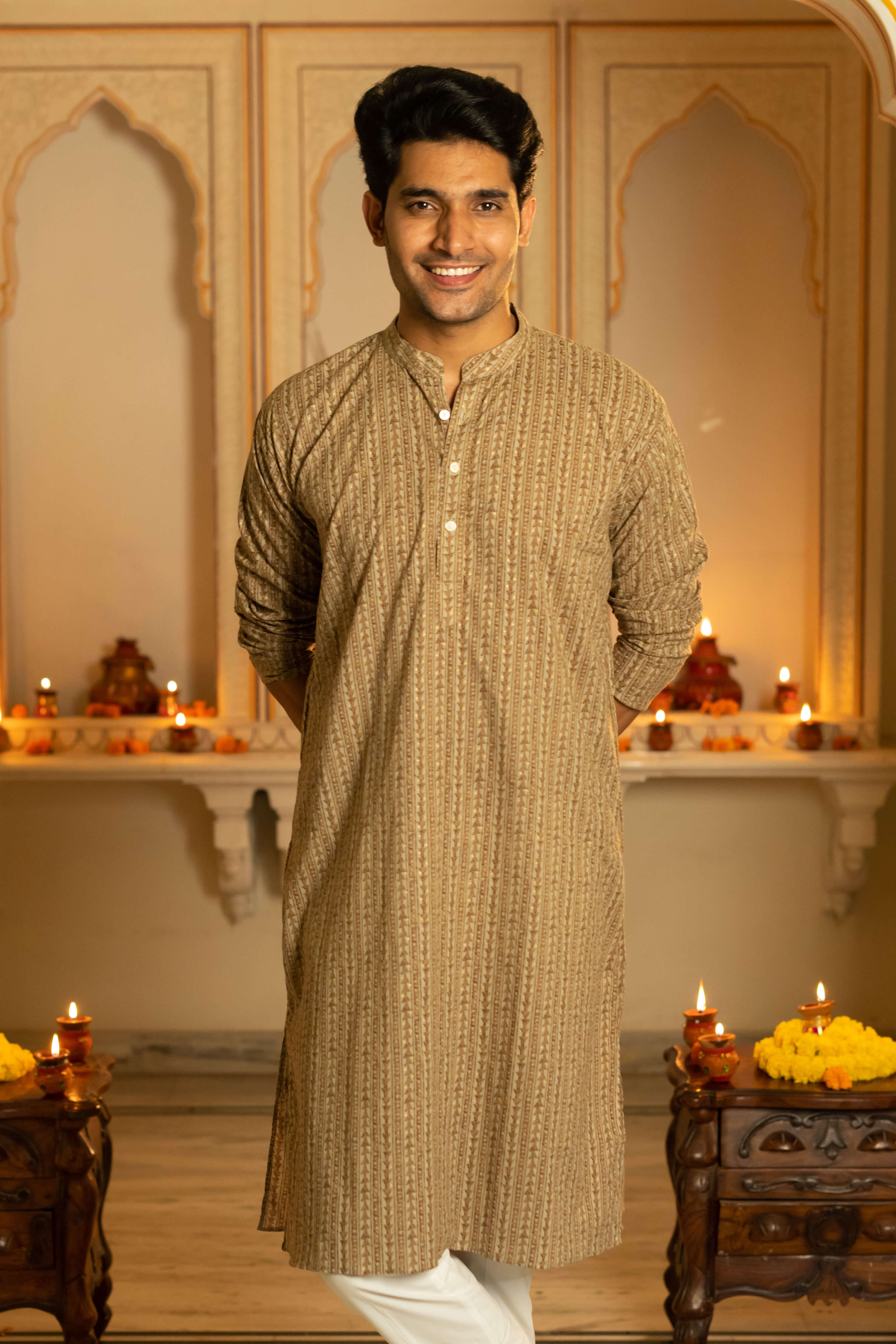 The Earthy Brown Long Kurta With Striped Tribal Foil Print
