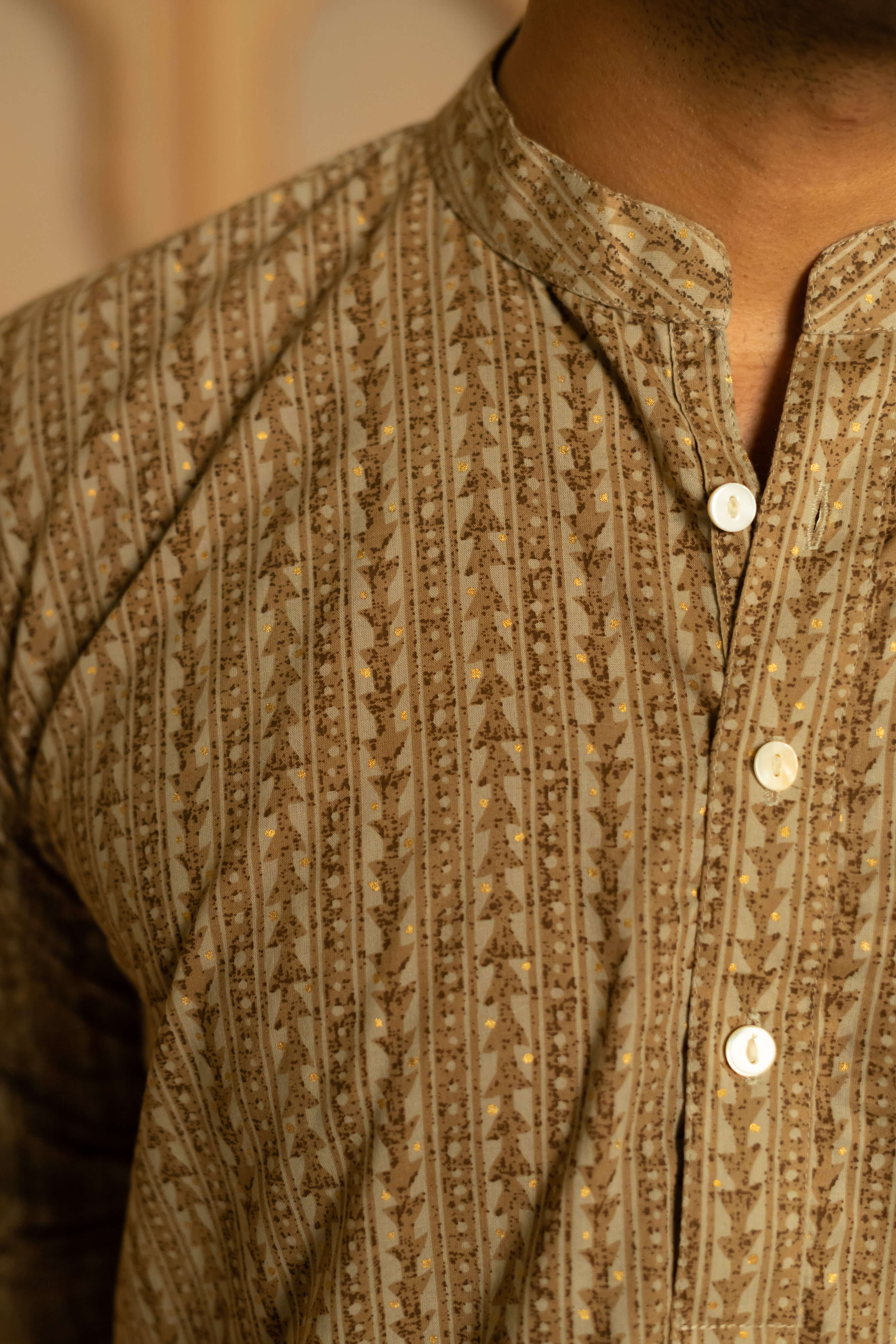 The Earthy Brown Long Kurta With Striped Tribal Foil Print
