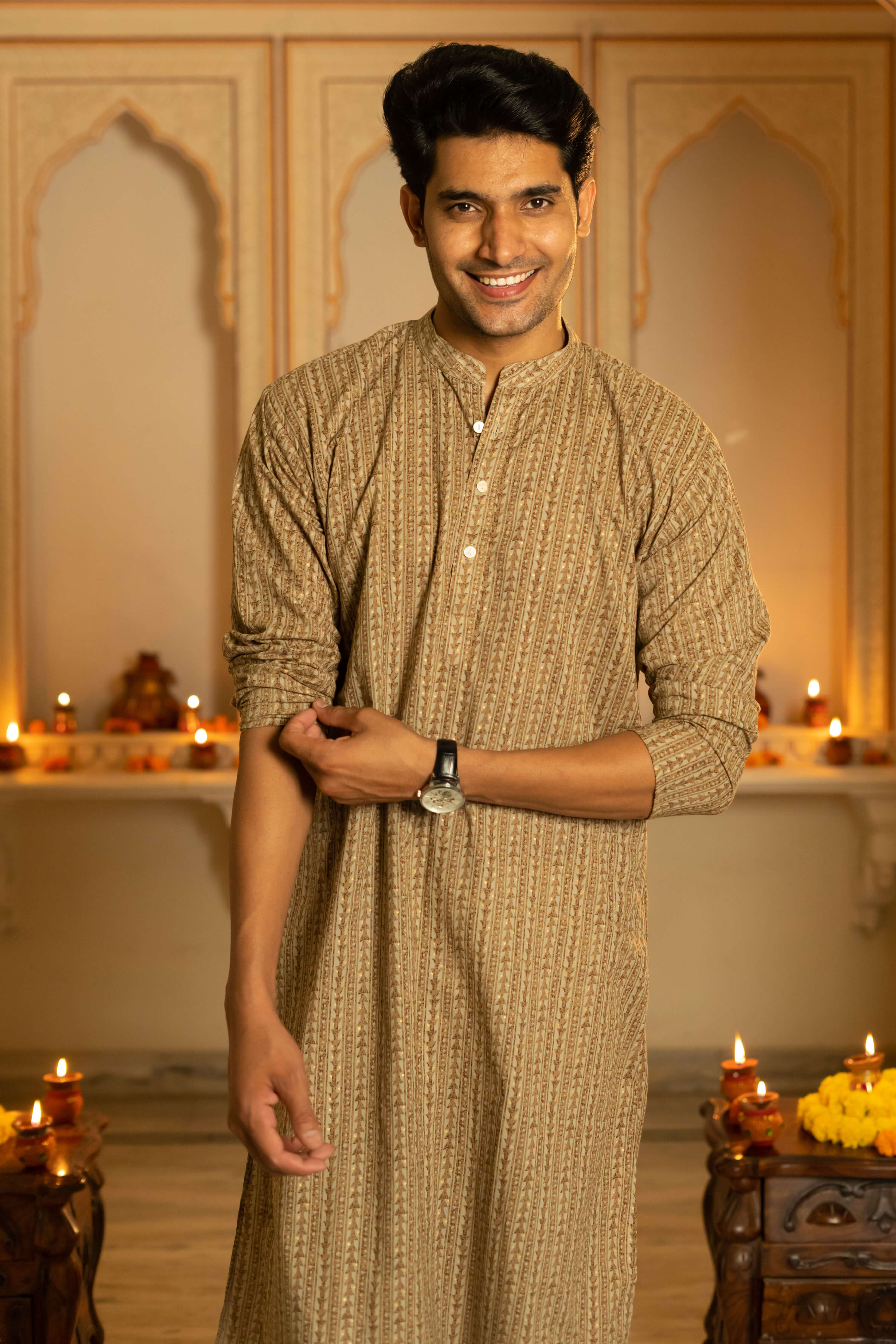 The Earthy Brown Long Kurta With Striped Tribal Foil Print