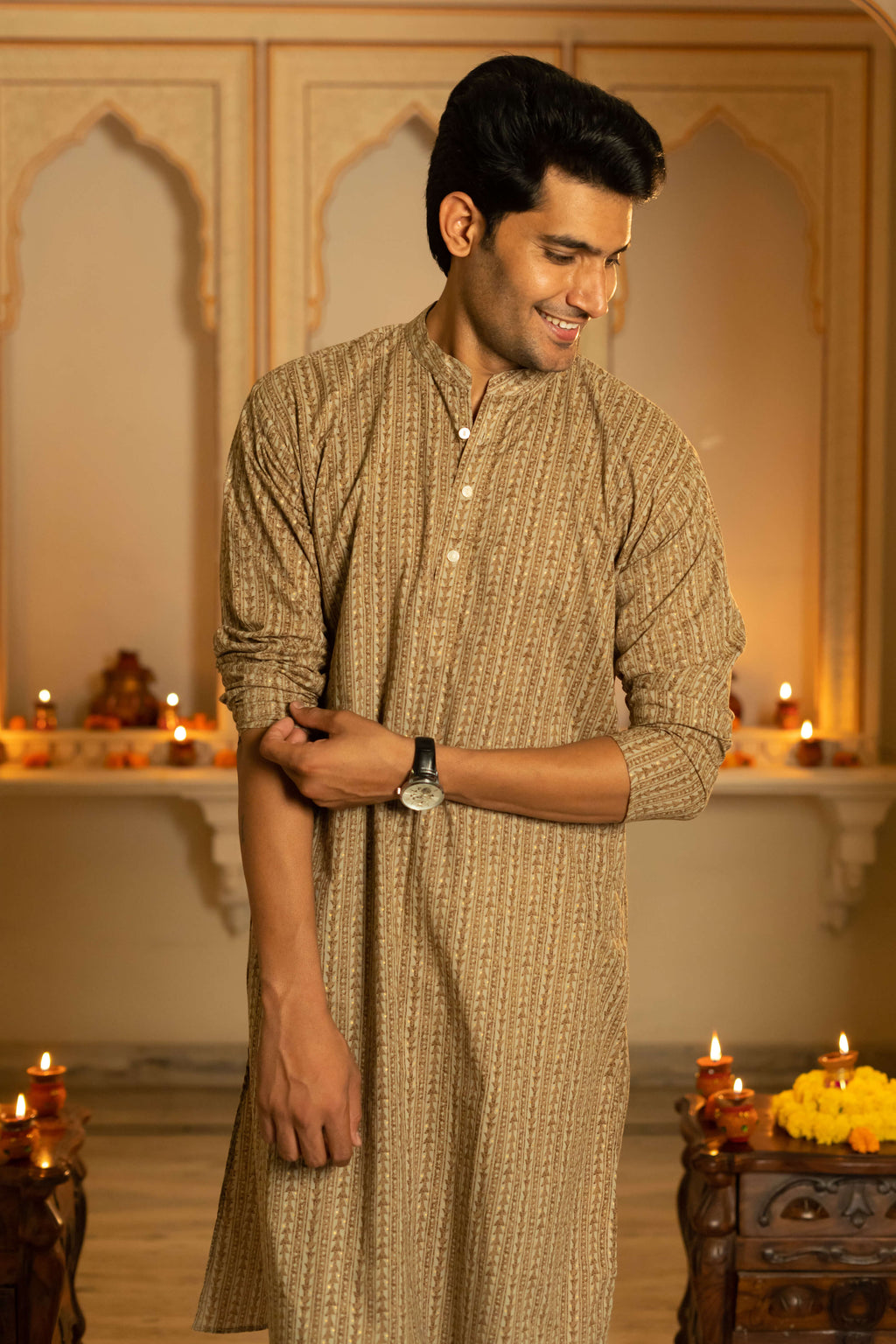 The Earthy Brown Long Kurta With Striped Tribal Foil Print