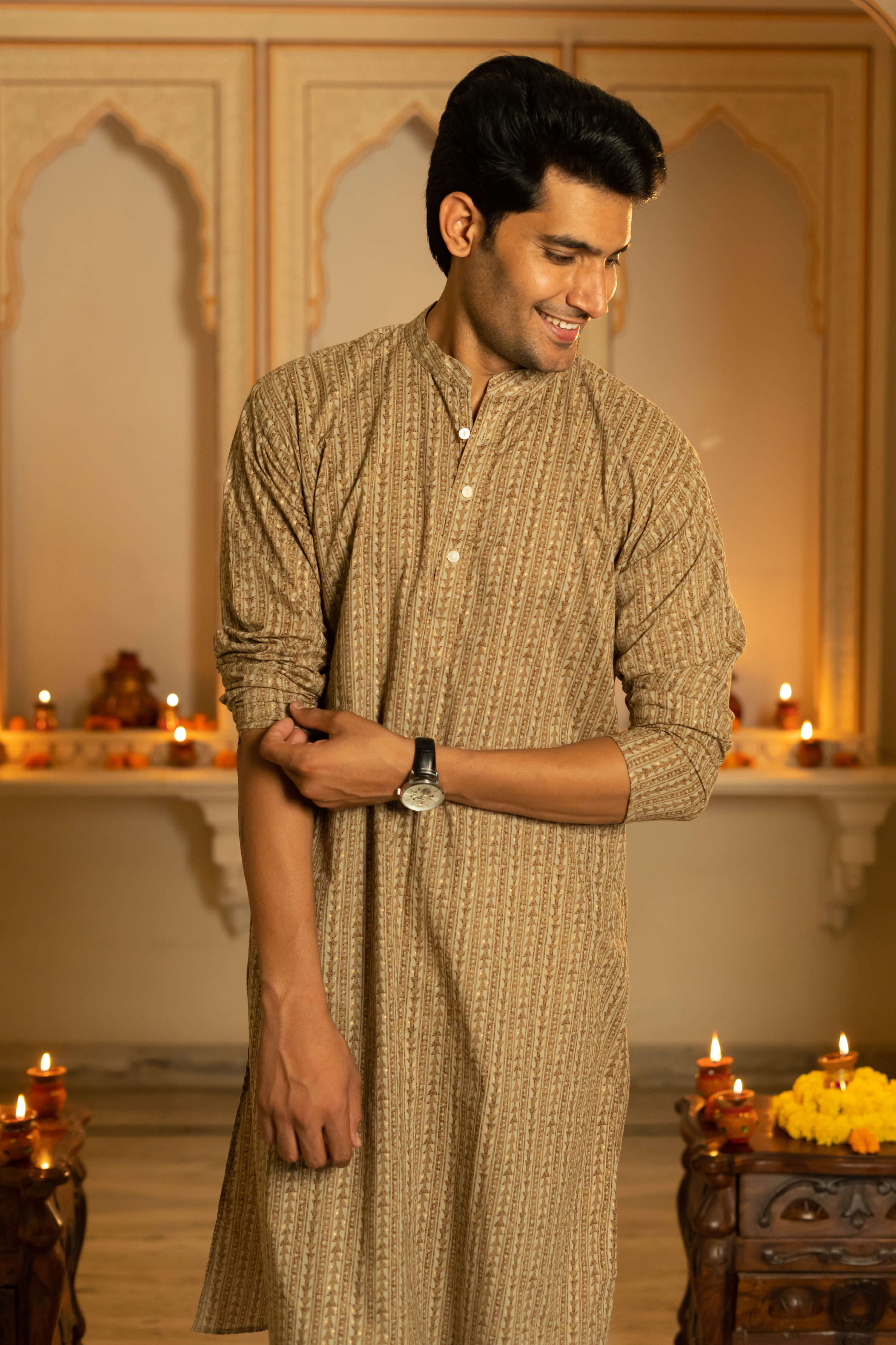 The Earthy Brown Long Kurta With Striped Tribal Foil Print
