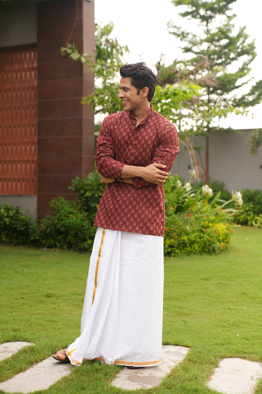 The Autumn Red Butti Print Short Kurta