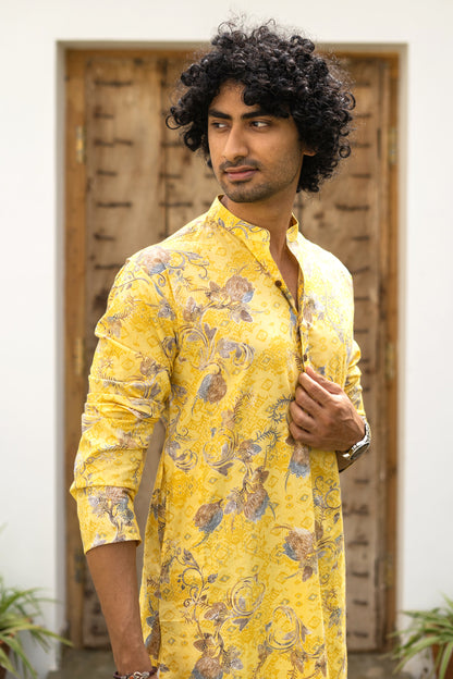 The Muslin Bright Yellow All-Over Floral Foil Print Long Kurta