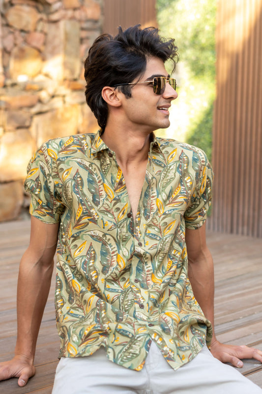 The Olive Green Half Sleeves Shirt With All-Over Floral Foil Print