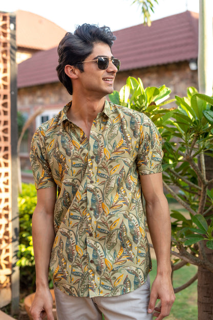 The Olive Green Half Sleeves Shirt With All-Over Floral Foil Print