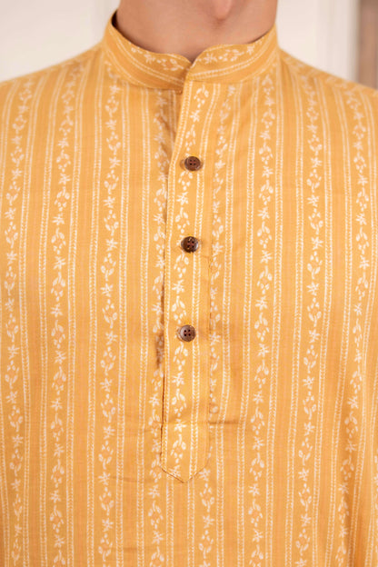 The Mustard Striped Floral Print Short Kurta
