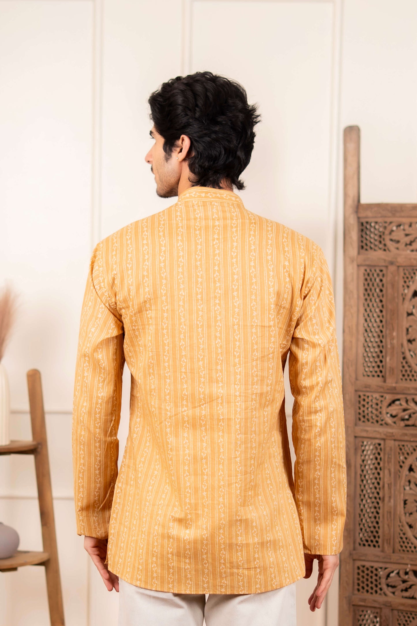 The Mustard Striped Floral Print Short Kurta