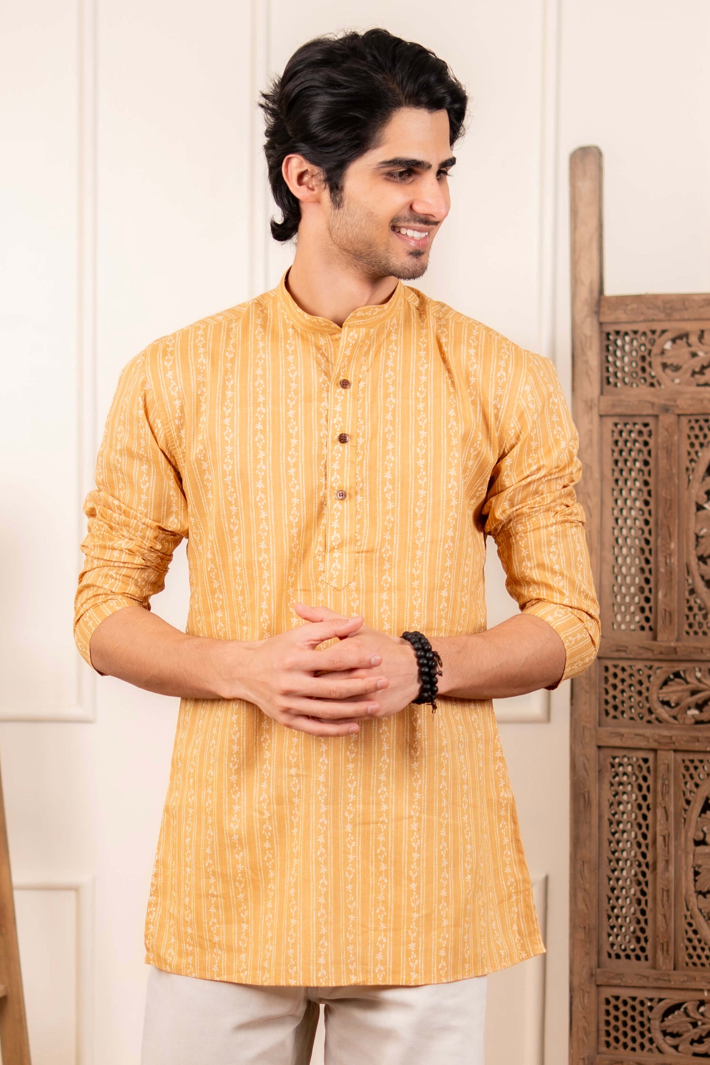 The Mustard Striped Floral Print Short Kurta