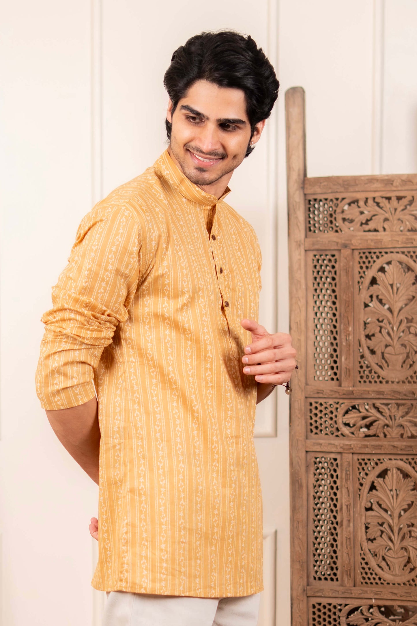 The Mustard Striped Floral Print Short Kurta
