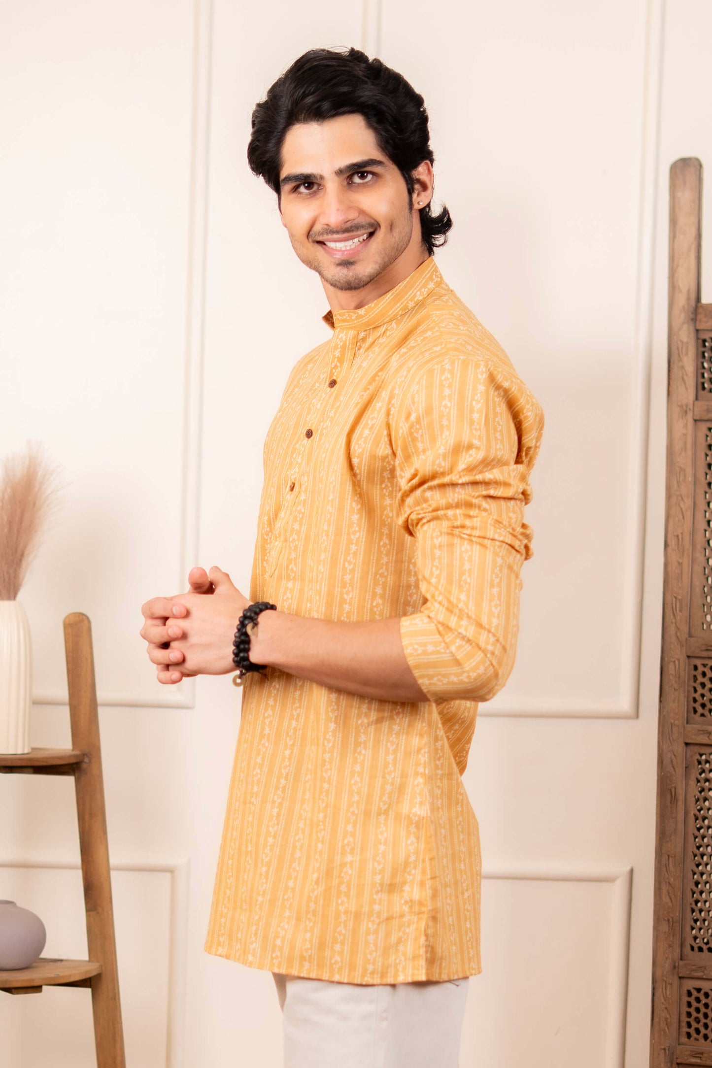 The Mustard Striped Floral Print Short Kurta