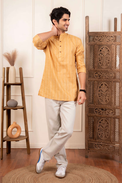 The Mustard Striped Floral Print Short Kurta