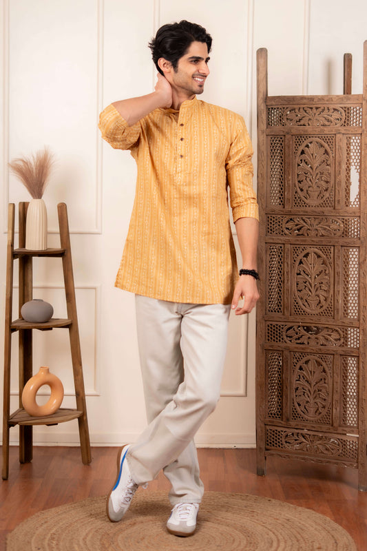 The Mustard Striped Floral Print Short Kurta