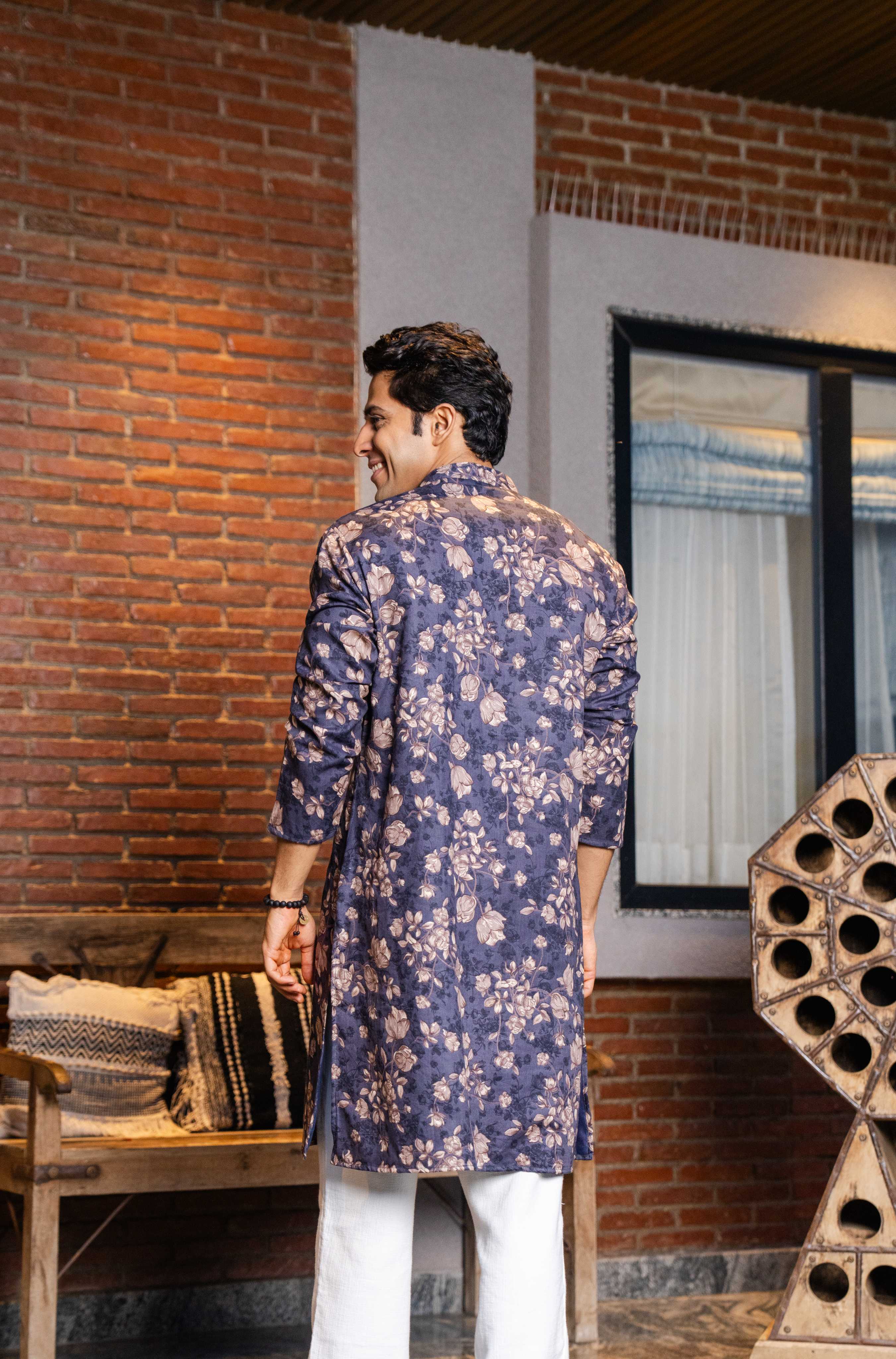 The Muted Blue Long Kurta With Cider Grey Floral Foil Print