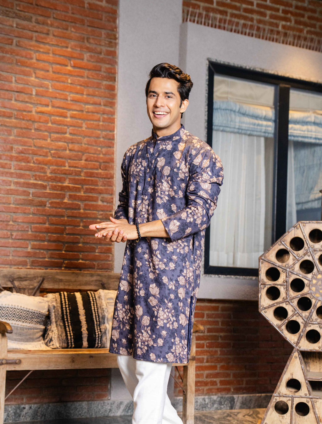 The Muted Blue Long Kurta With Cider Grey Floral Foil Print