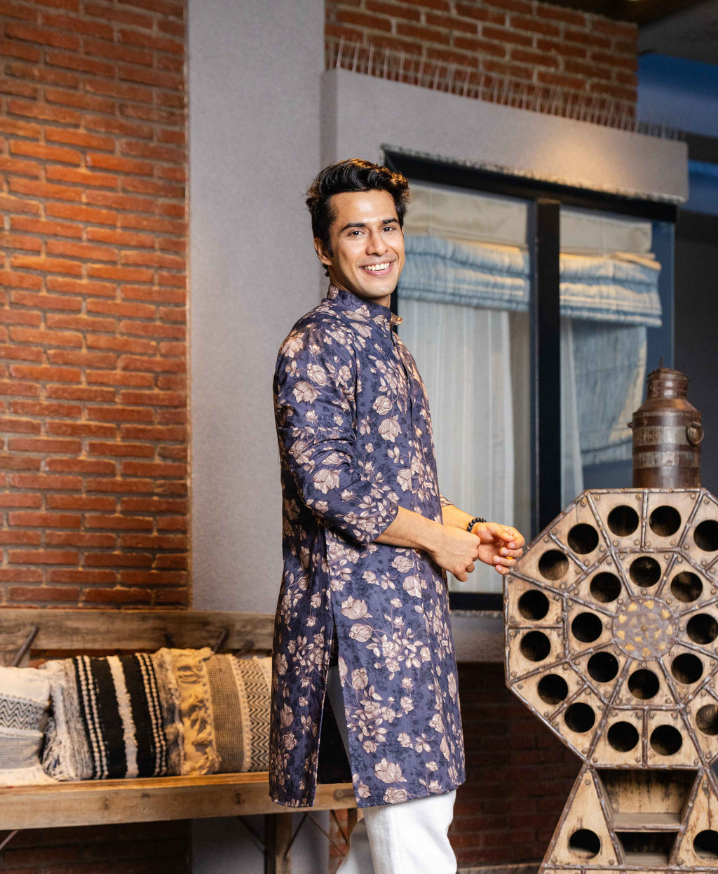 The Muted Blue Long Kurta With Cider Grey Floral Foil Print