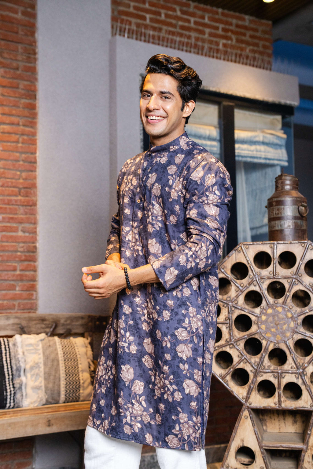 The Muted Blue Long Kurta With Cider Grey Floral Foil Print