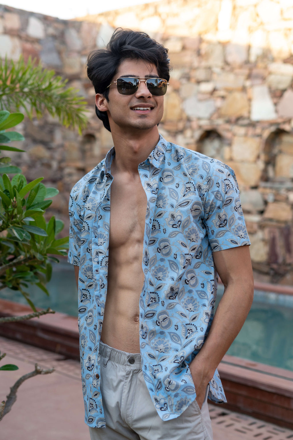 The Sky Blue Half Sleeves Shirt With All-Over Floral Print