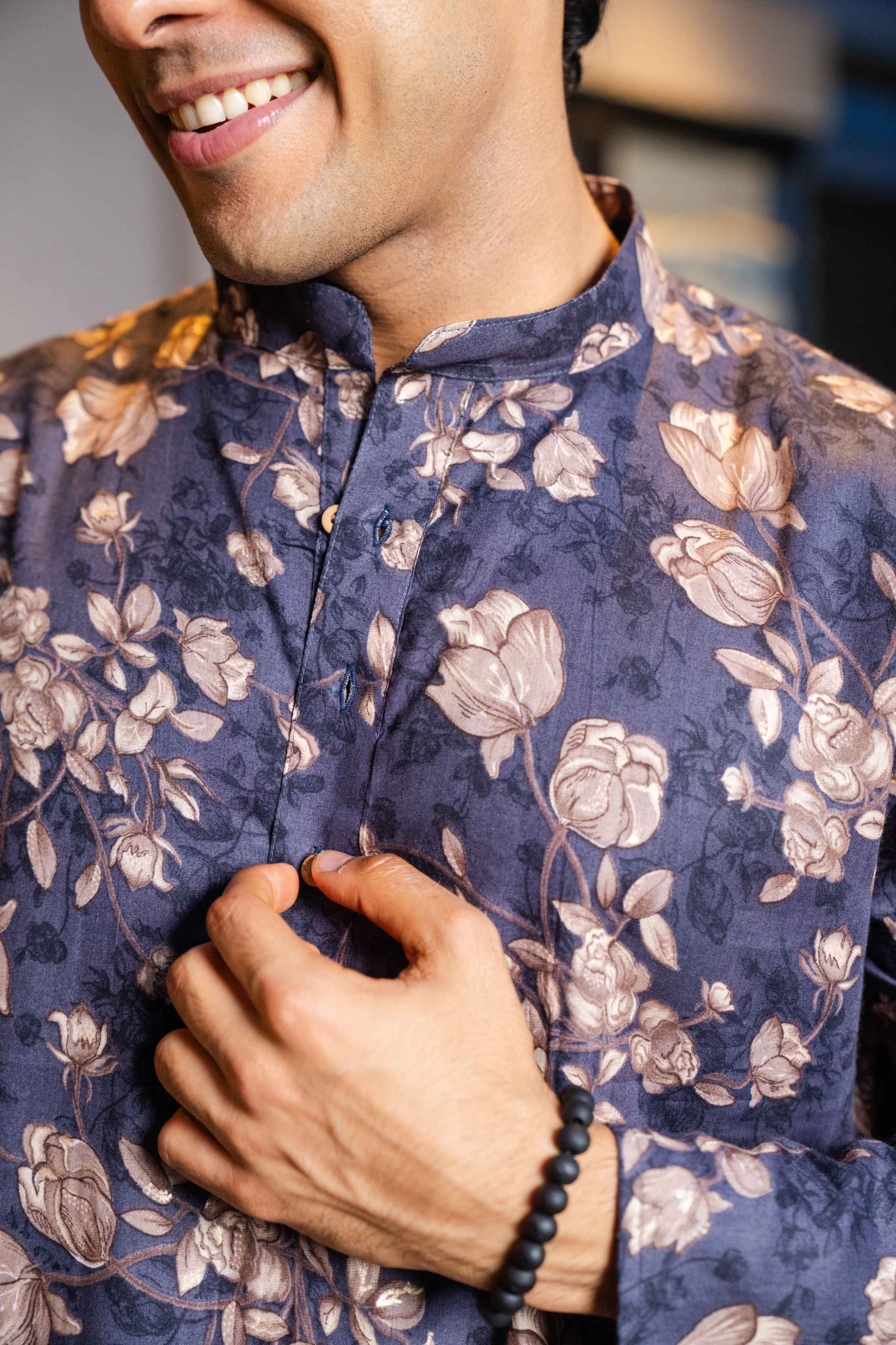 The Muted Blue Long Kurta With Cider Grey Floral Foil Print