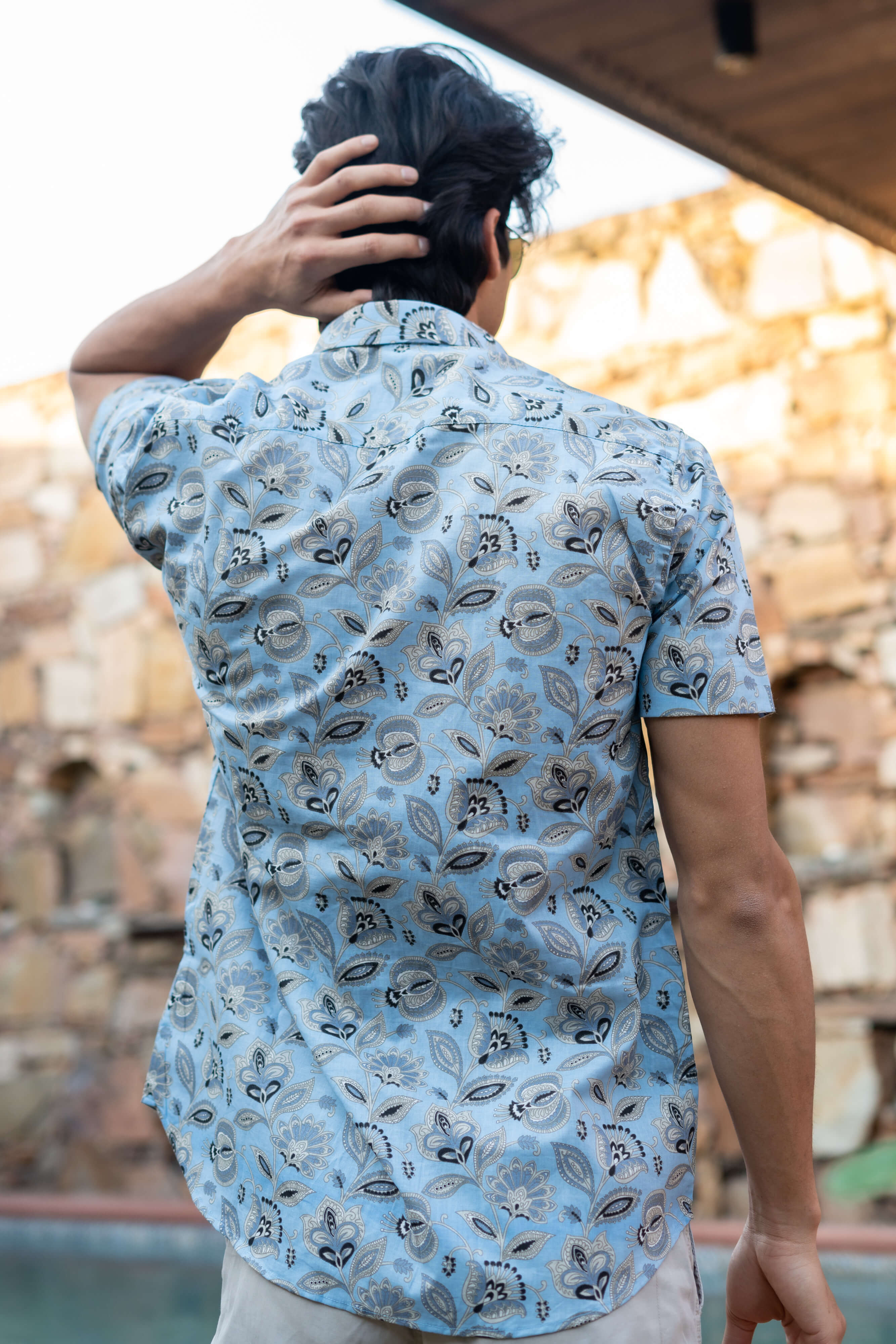 The Sky Blue Half Sleeves Shirt With All-Over Floral Print