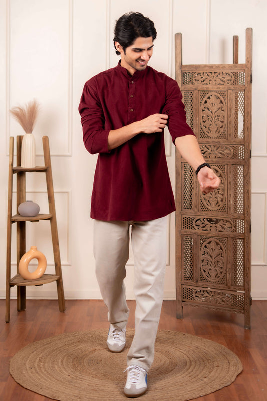 The Classic Maroon Corduroy Short Kurta