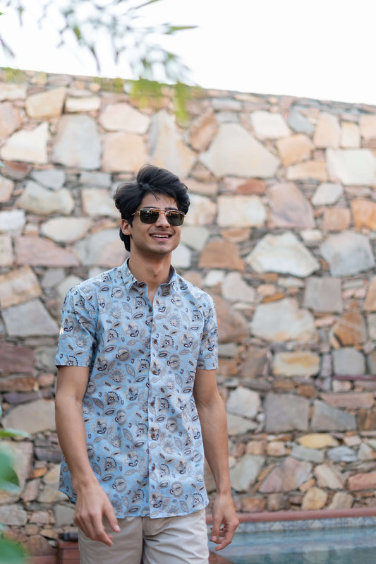 The Sky Blue Half Sleeves Shirt With All-Over Floral Print