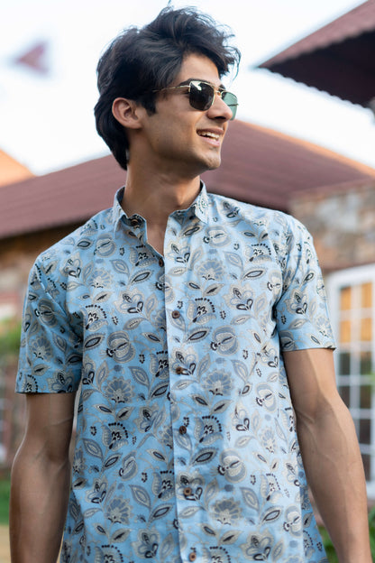 The Sky Blue Half Sleeves Shirt With All-Over Floral Print