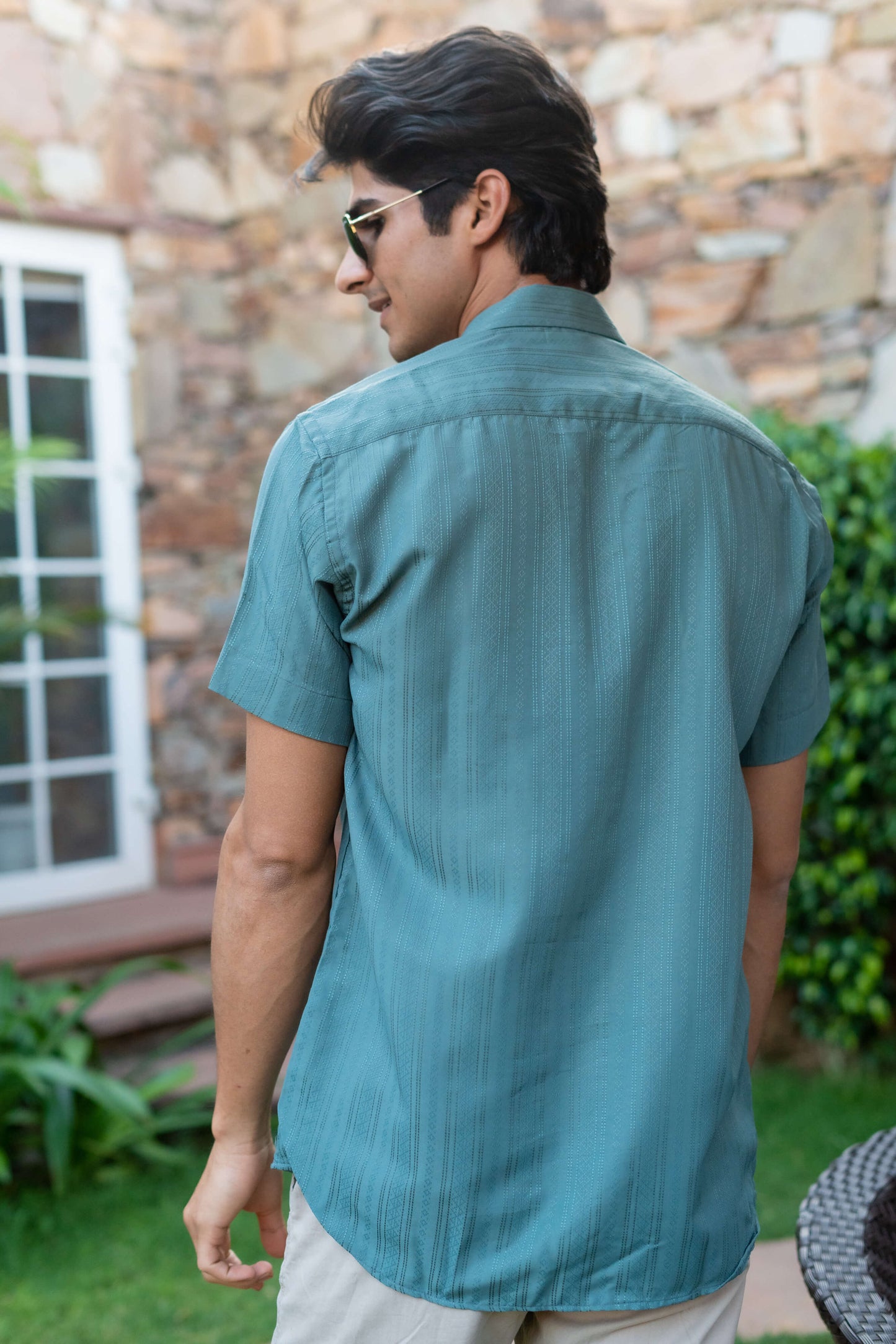 The Emerald Green Self Work Half Sleeves Shirt