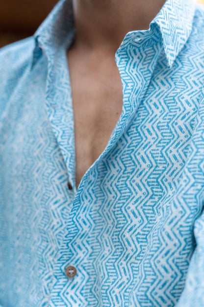 The White Kantha Work Shirt With Pastel Blue Tribal Print