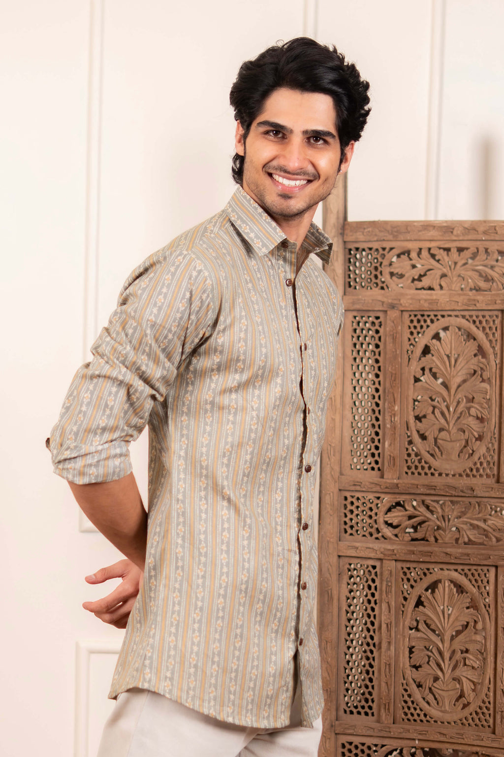 The Winter Green Shirt With Striped Floral Print