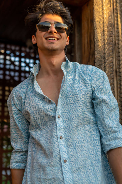 The White Kantha Work Shirt With Pastel Blue Tribal Print