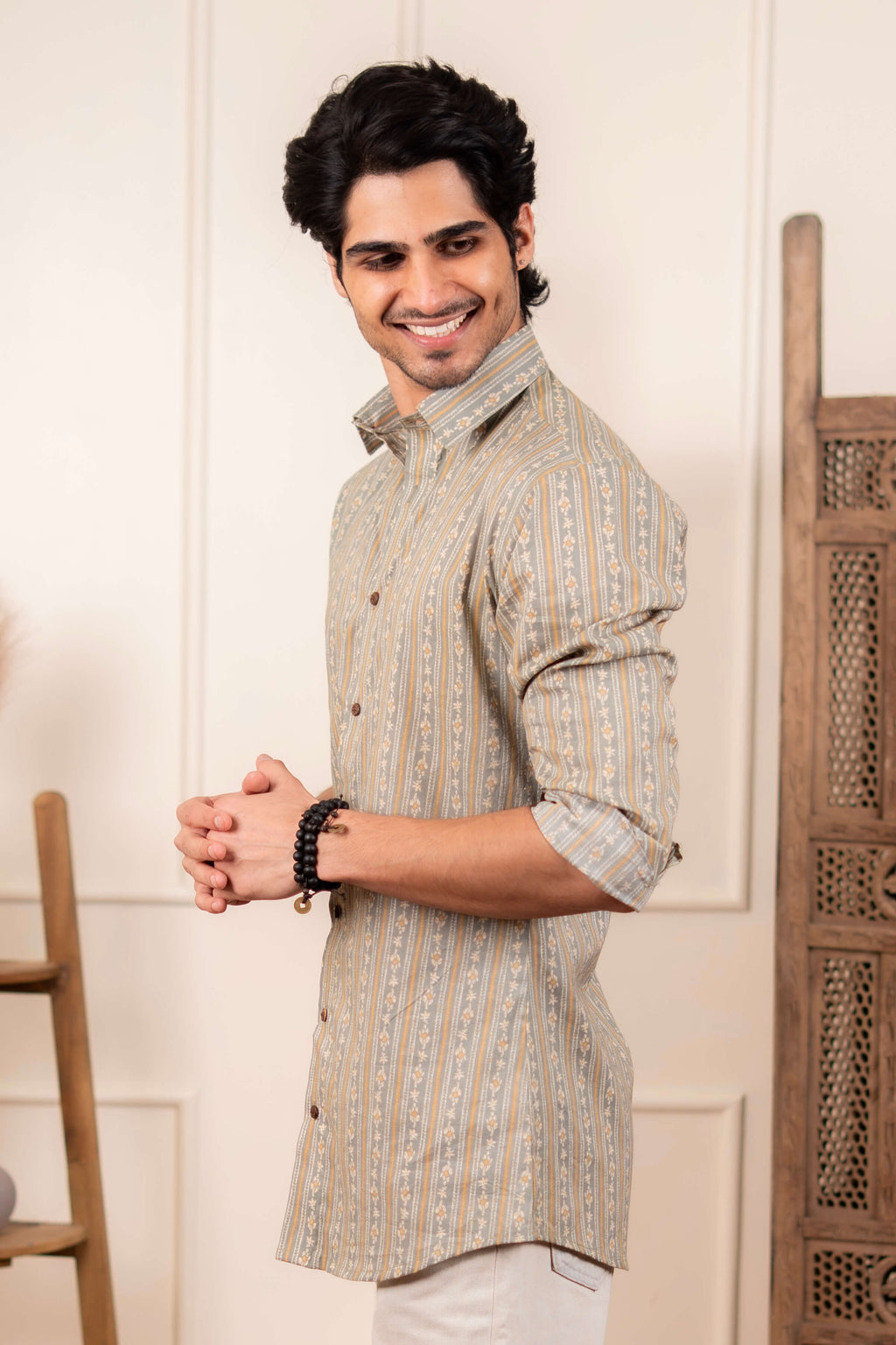 The Winter Green Shirt With Striped Floral Print