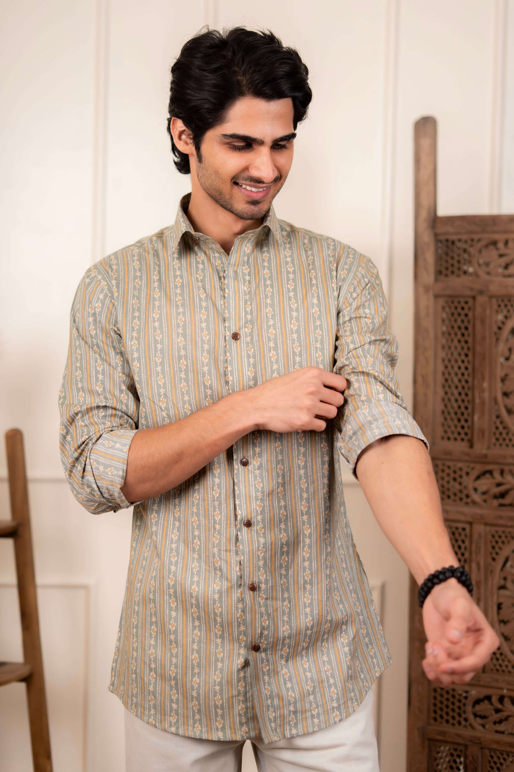 The Winter Green Shirt With Striped Floral Print