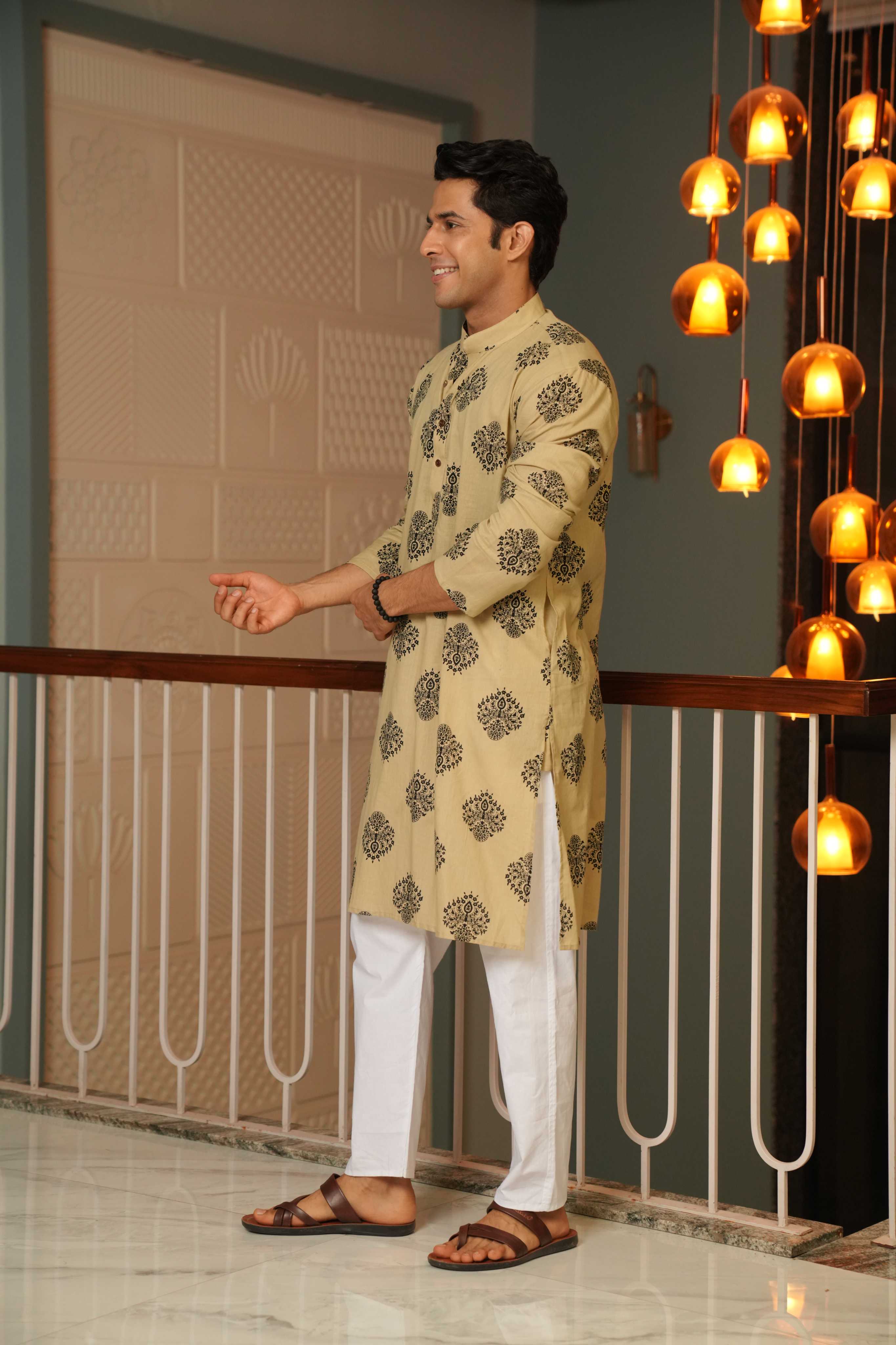 The Sandstone Color Long Kurta with Ethnic Motifs