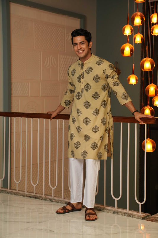 The Sandstone Color Long Kurta with Ethnic Motifs