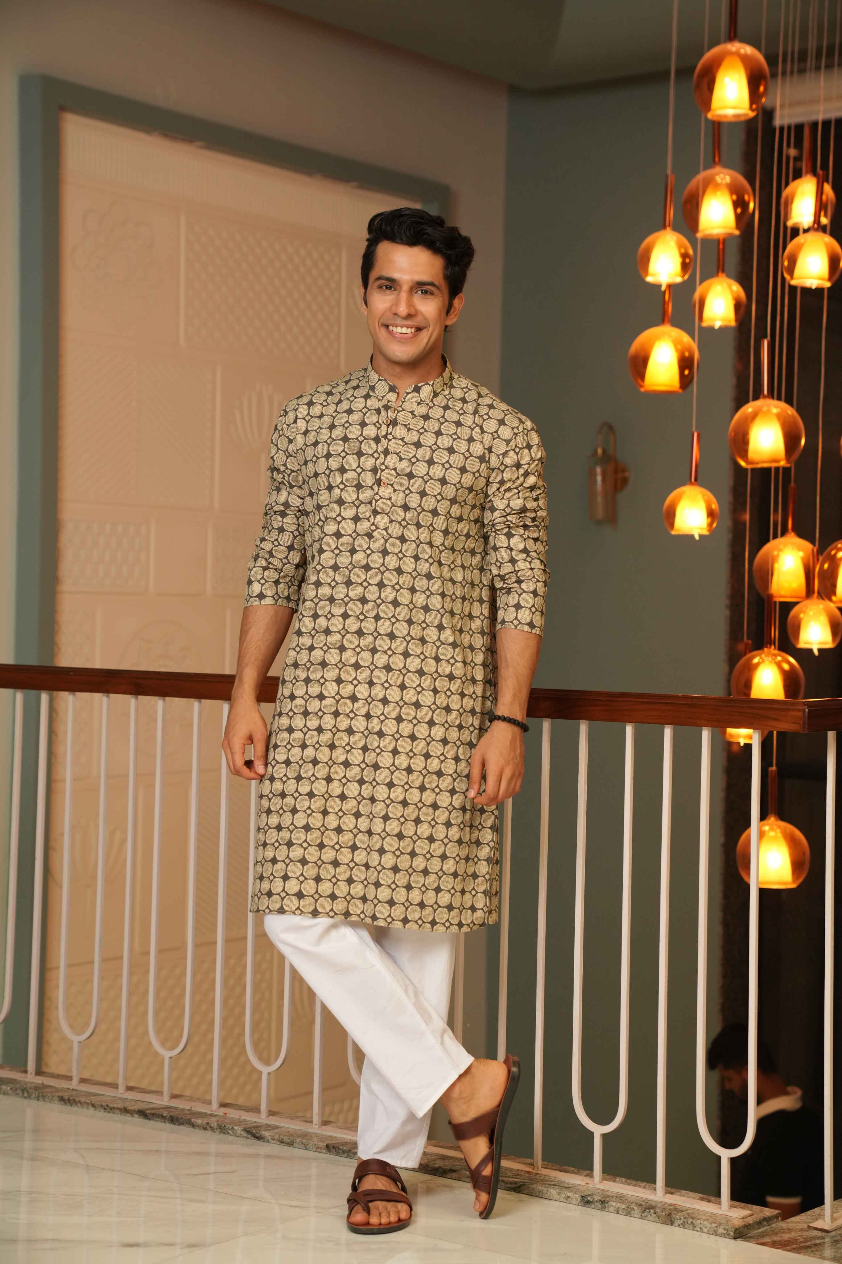 The Pebble Grey Long Kurta With Circle Pattern