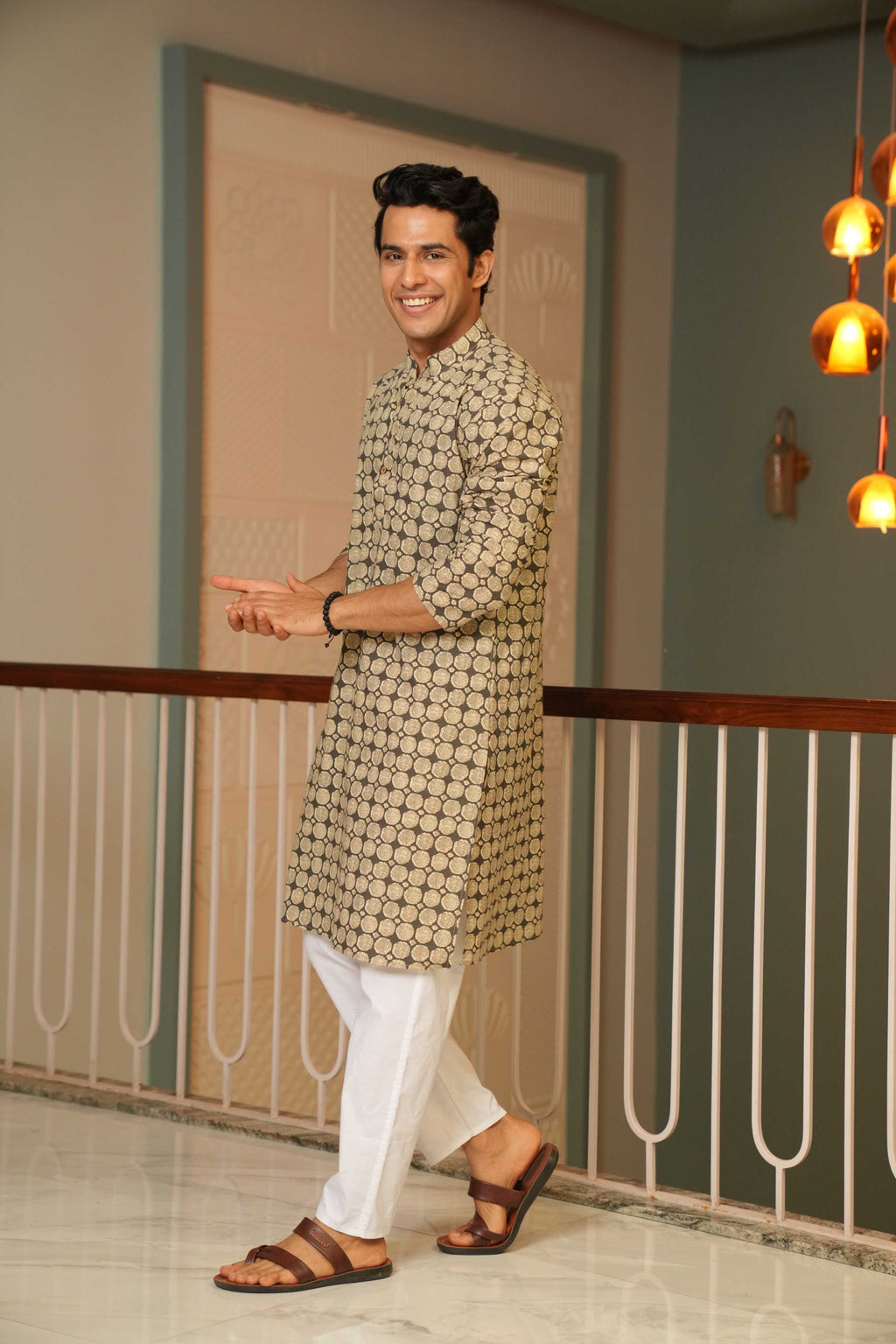 The Pebble Grey Long Kurta With Circle Pattern