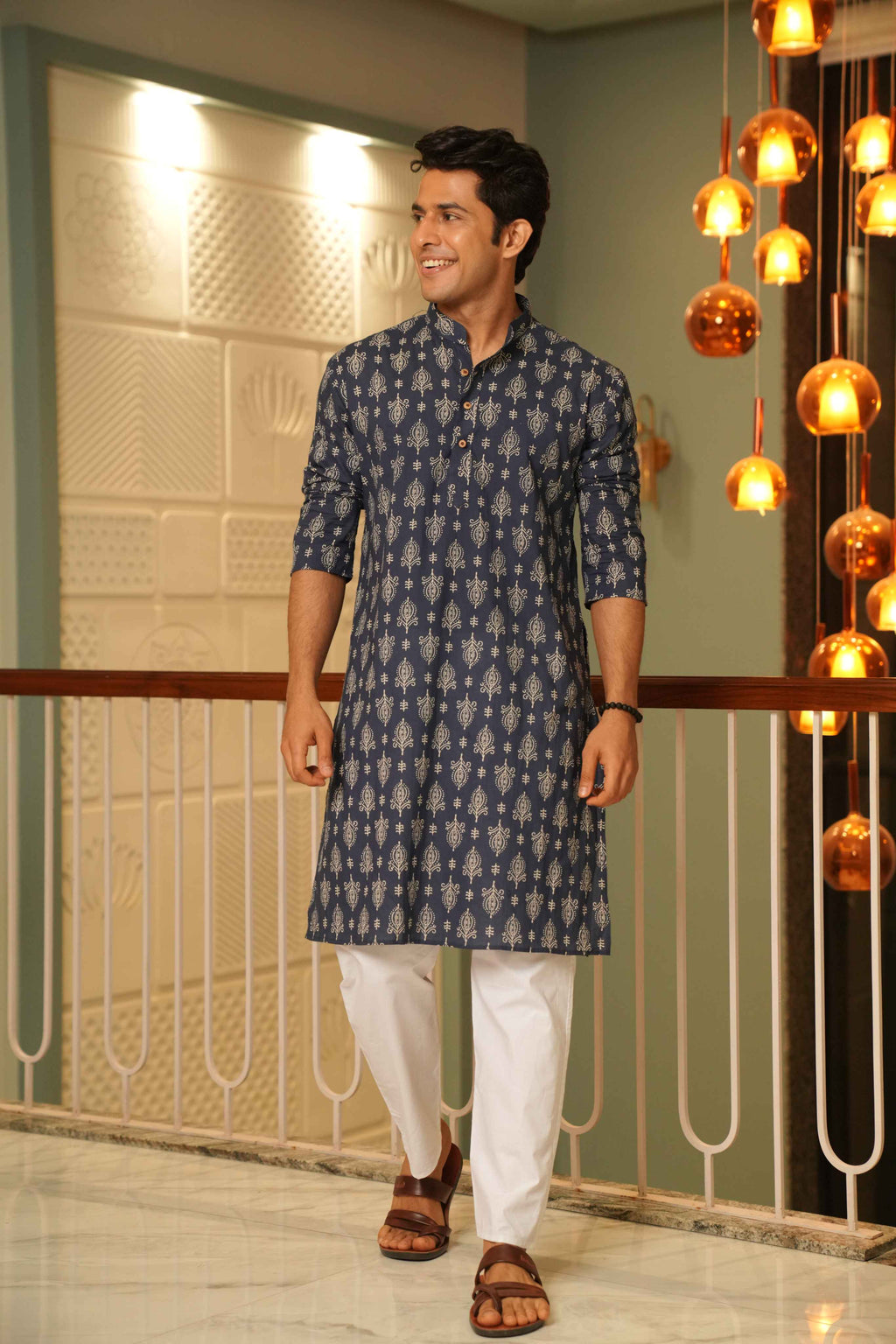 The Egyptian Blue Long Kurta With Indian Motifs