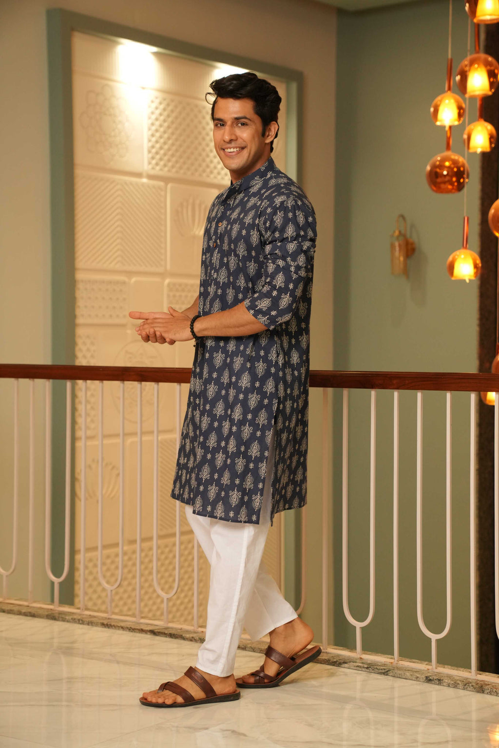 The Egyptian Blue Long Kurta With Indian Motifs