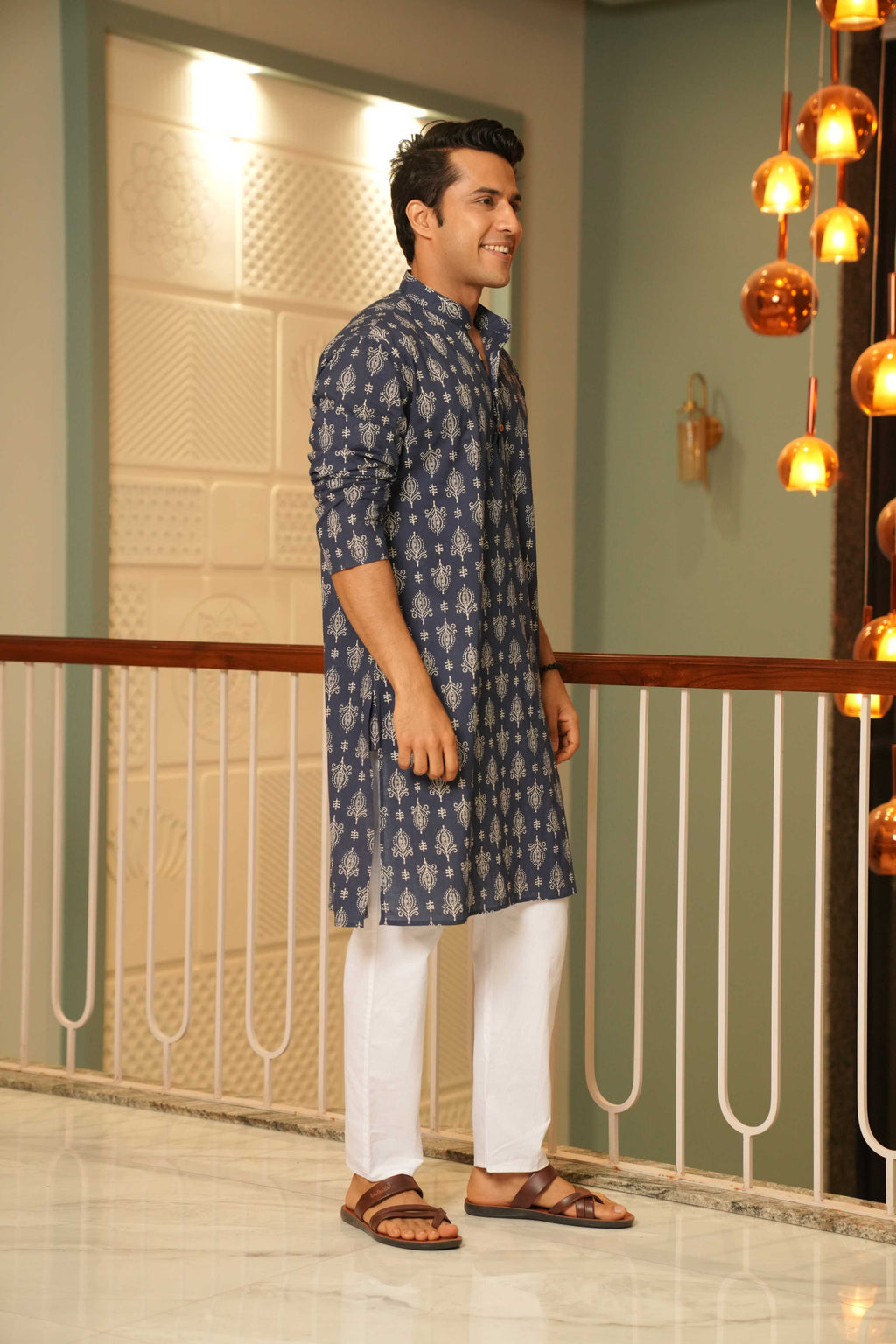 The Egyptian Blue Long Kurta With Indian Motifs
