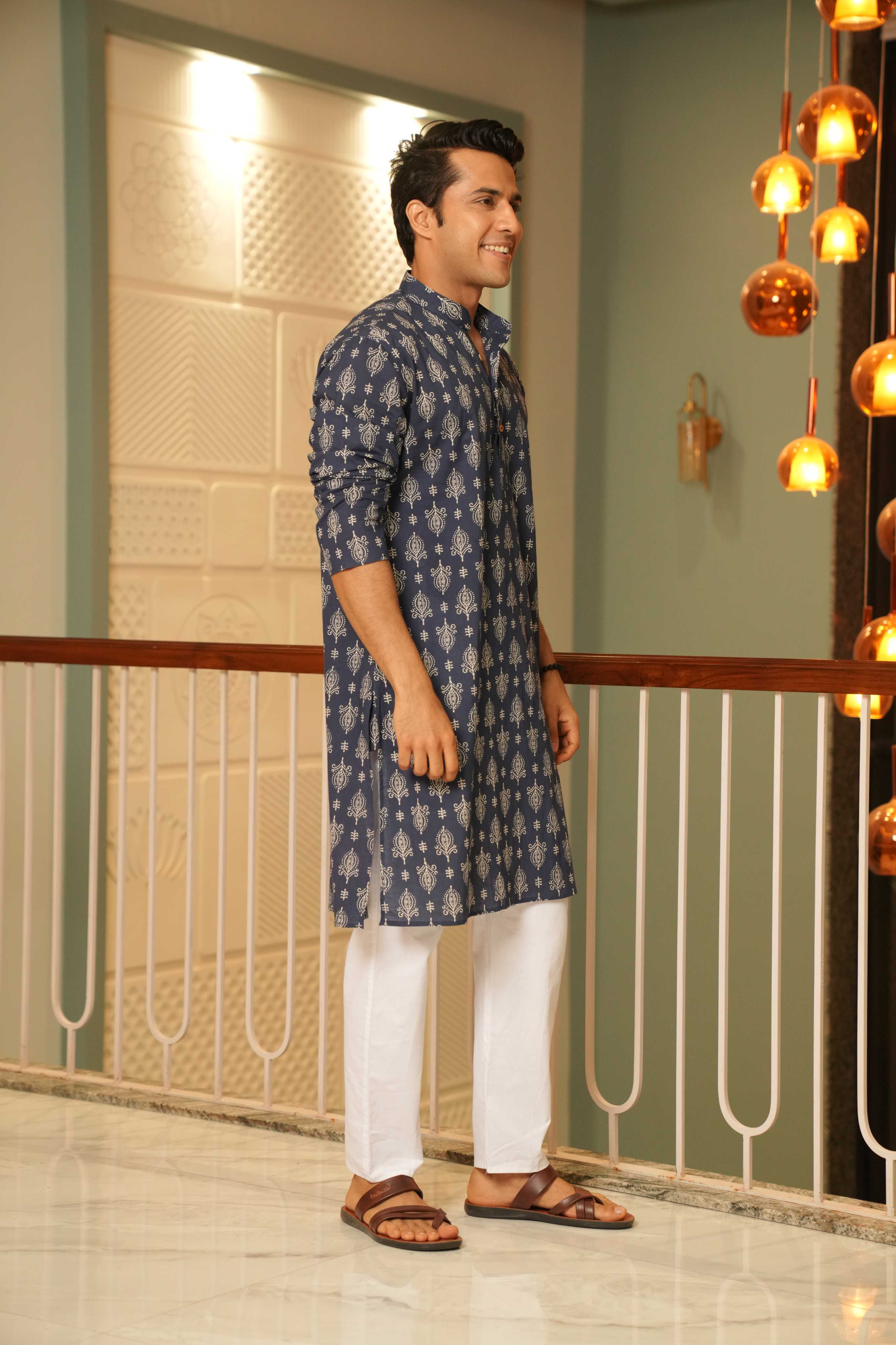 The Egyptian Blue Long Kurta With Indian Motifs