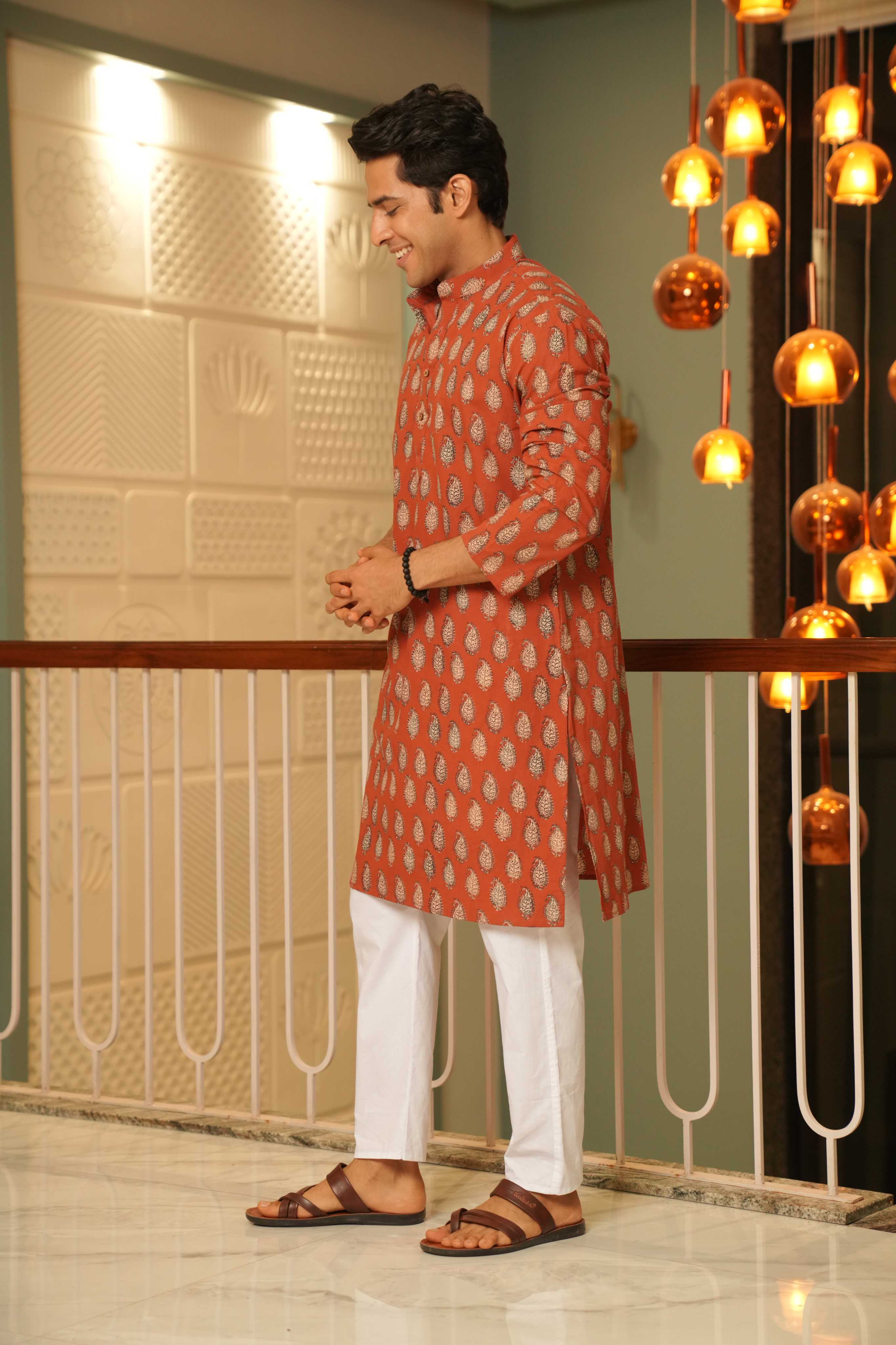 The Rust Red Long Kurta With Paisley Print