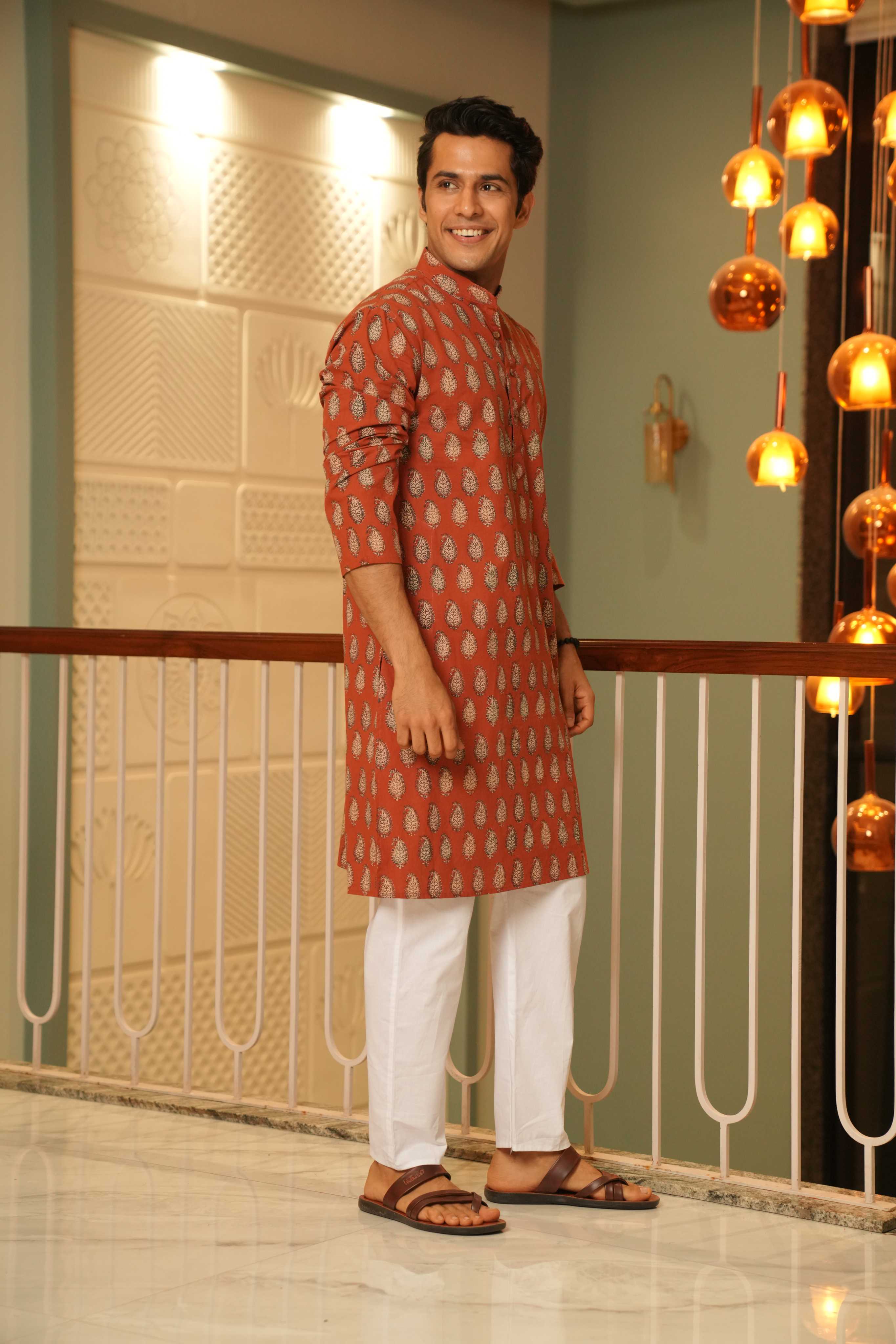 The Rust Red Long Kurta With Paisley Print