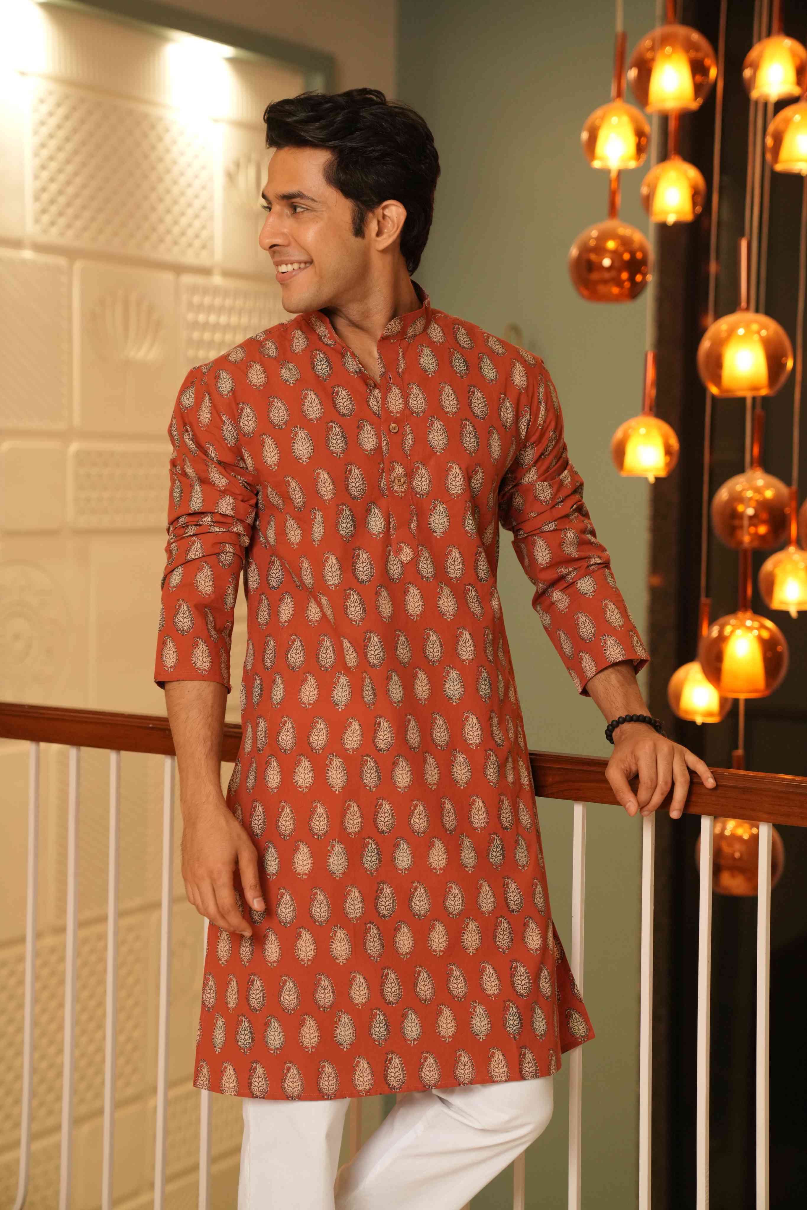 The Rust Red Long Kurta With Paisley Print