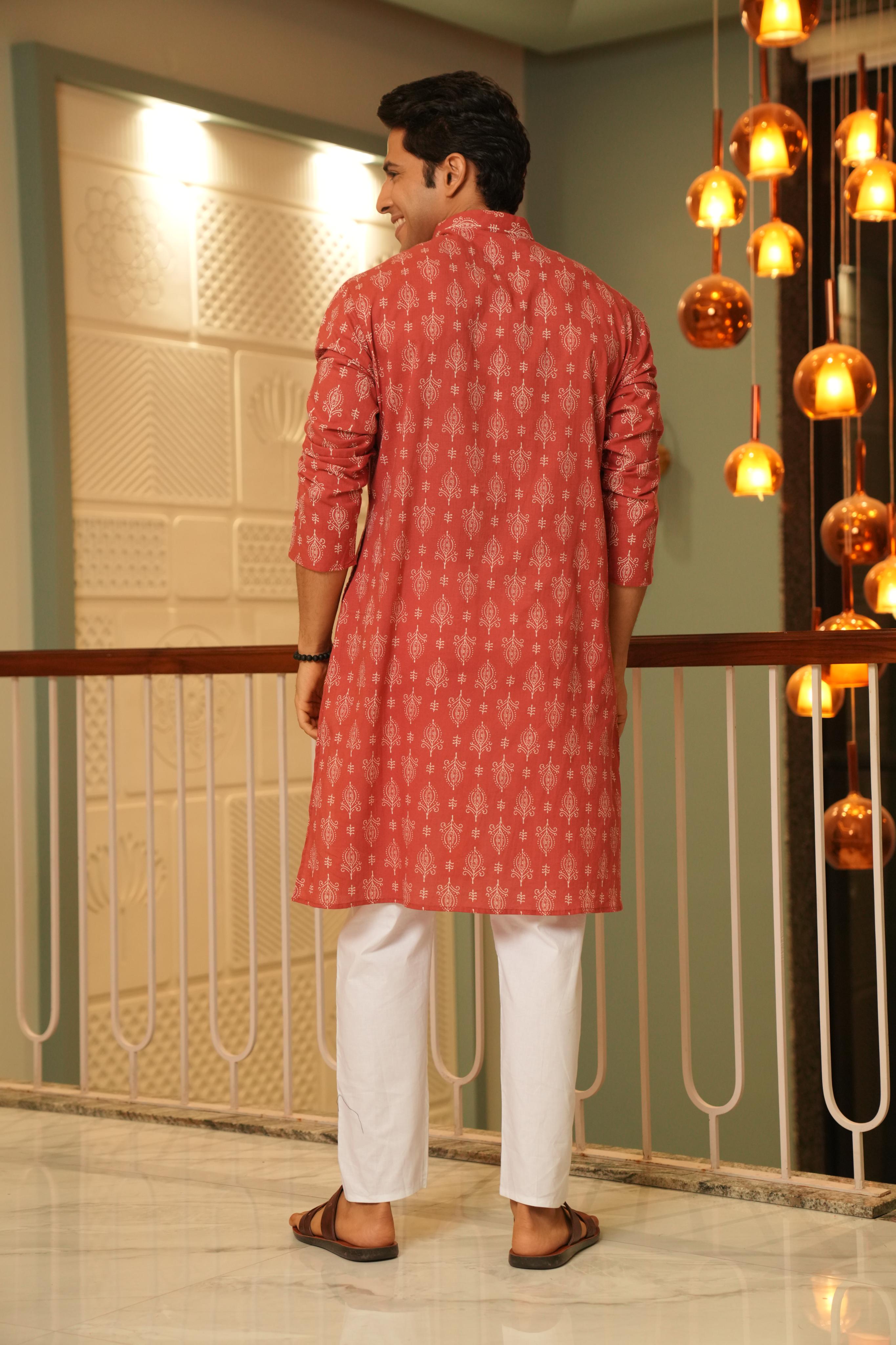 The Wooden Red Long Kurta With Indian Motifs