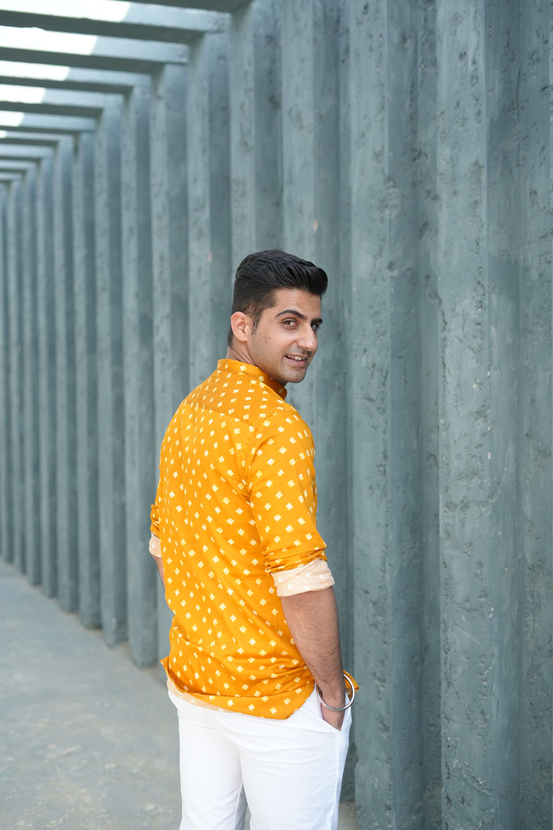 The Deep Yellow Short Kurta With Square All-Over Print