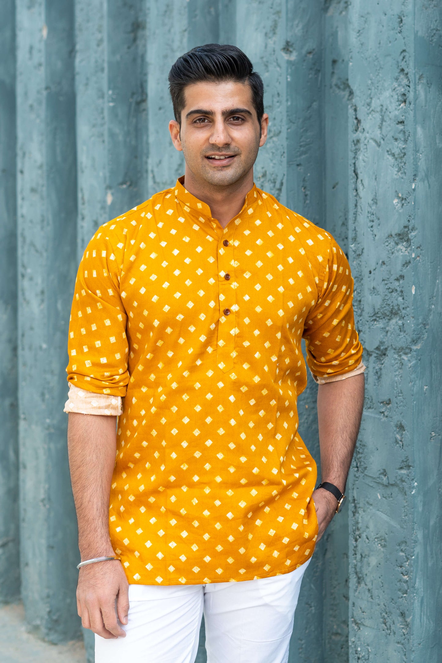 The Deep Yellow Short Kurta With Square All-Over Print