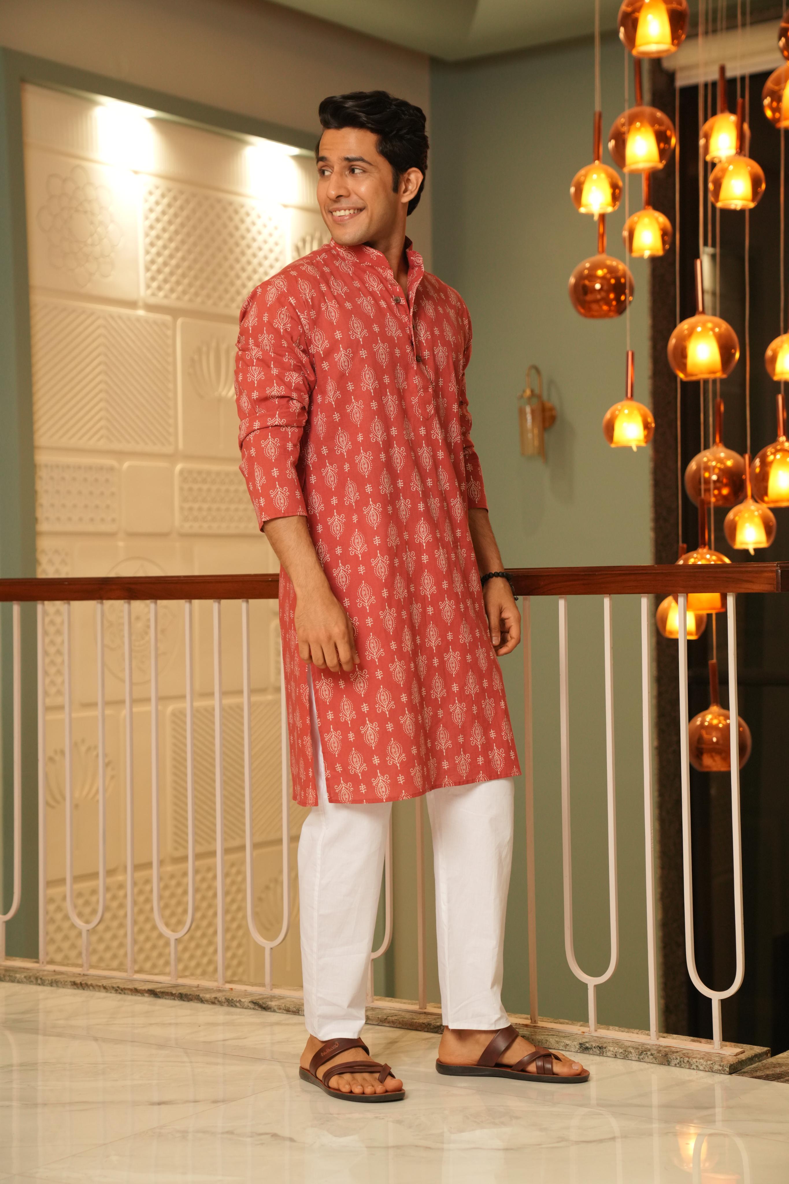 The Wooden Red Long Kurta With Indian Motifs