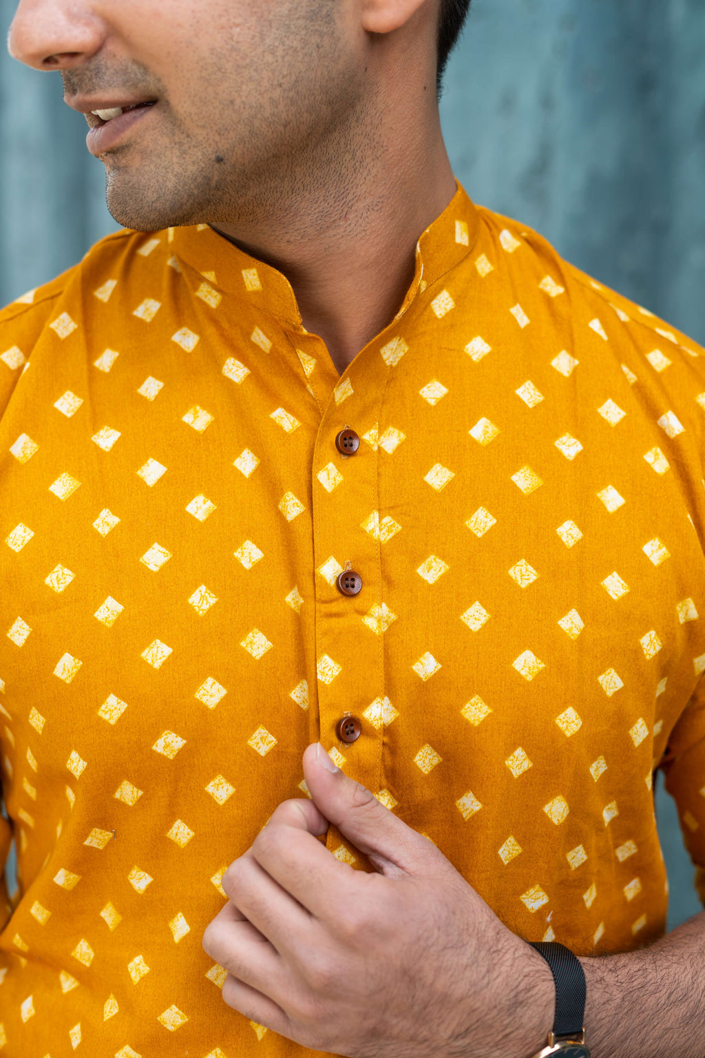 The Deep Yellow Short Kurta With Square All-Over Print