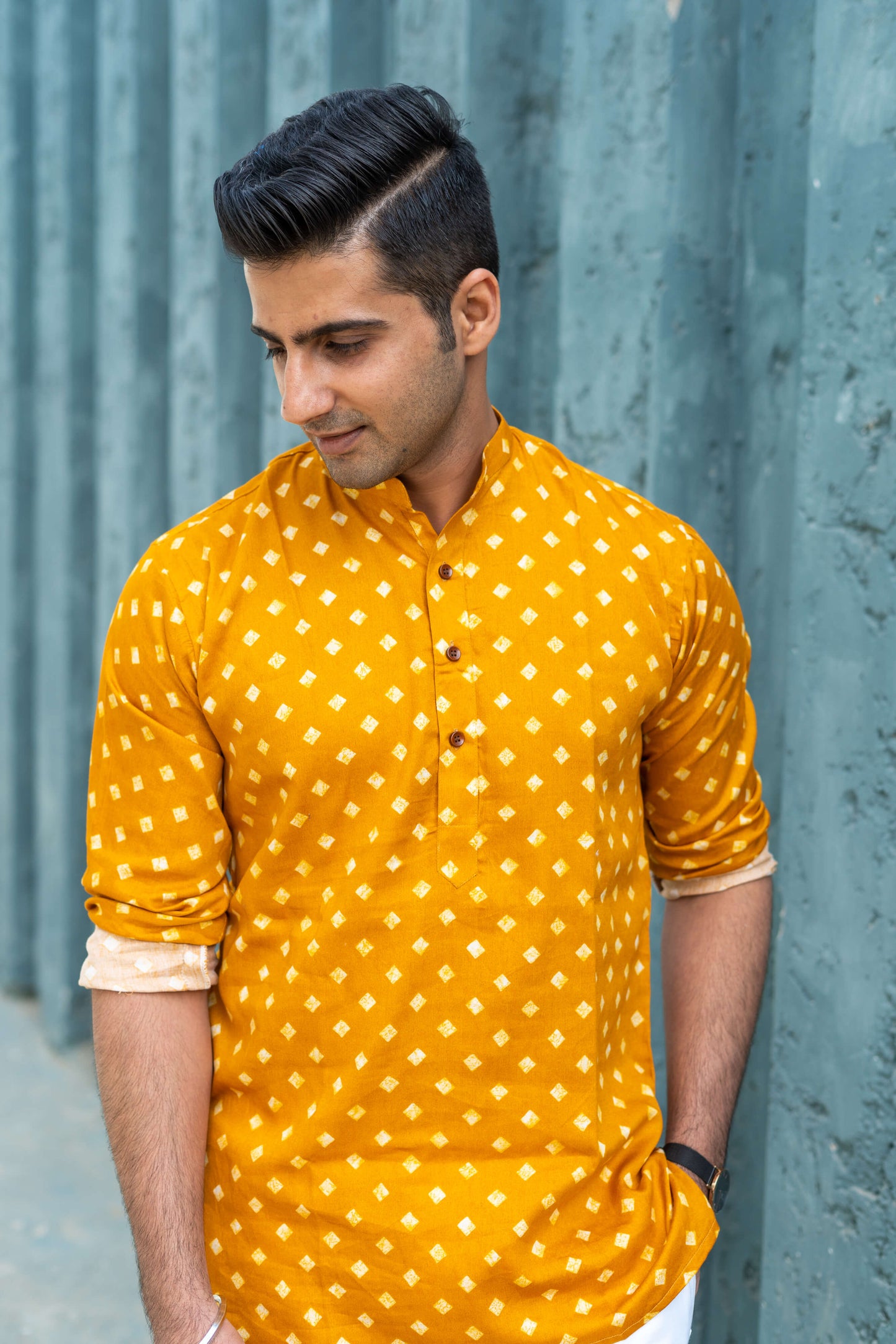 The Deep Yellow Short Kurta With Square All-Over Print