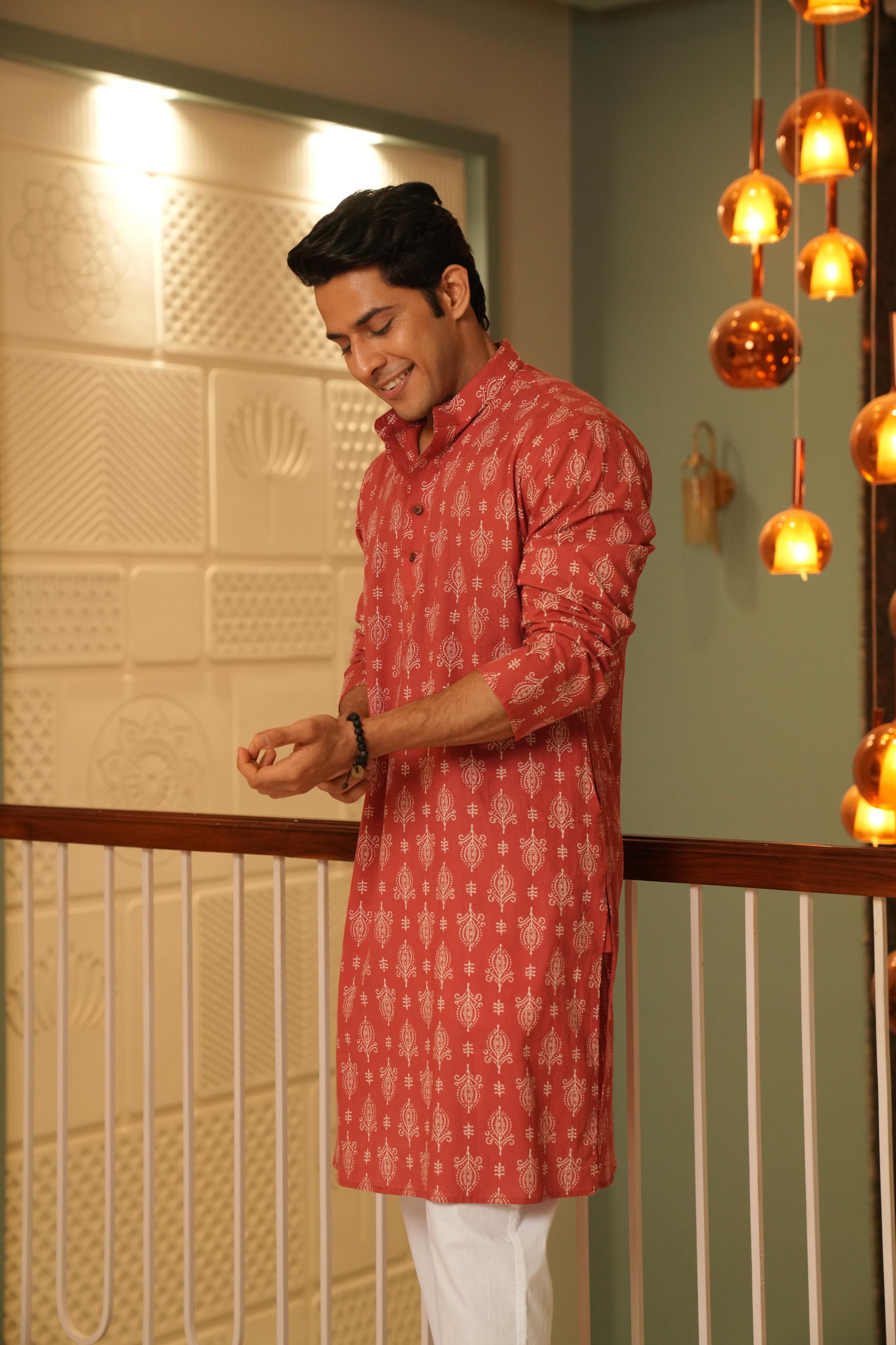 The Wooden Red Long Kurta With Indian Motifs